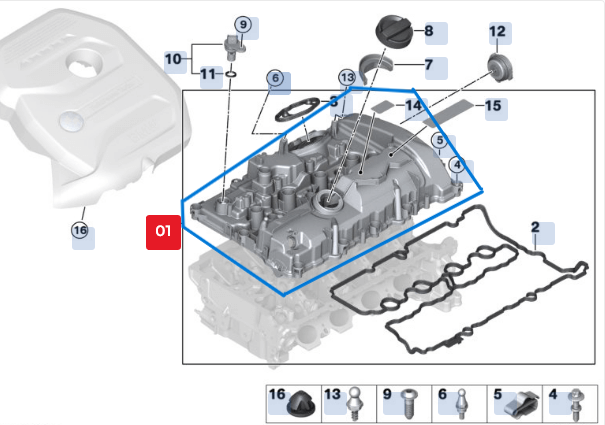 Subap Kapağı / Motor Üst Kapağı / Külbütör Kapağı BMW 1 Seri F20, F21, 2 Seri F22, F23, 3 Seri F30, G20, G80, 4 Seri F32, F33, F36, G22, G26, 5 Seri F90, X1 Seri F48, X2 Seri F39, Motor: B46, B48 OEM 11127611277