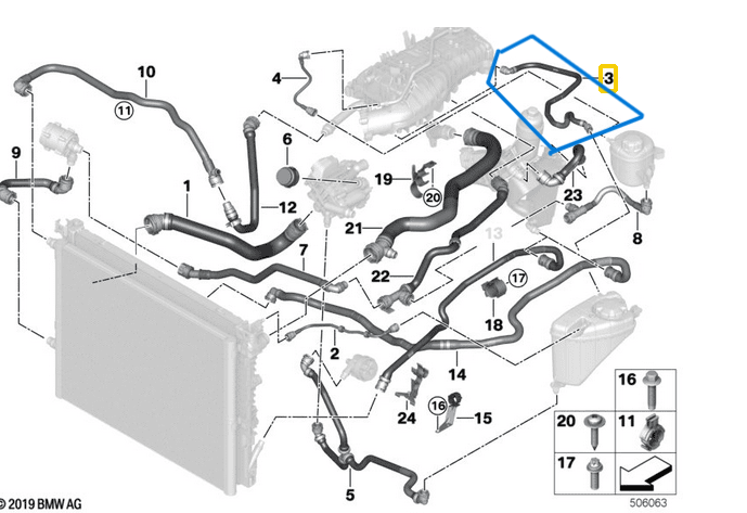 Radyatör Yedek Su Depo Hortumu BMW 5 Seri G30, G31, 6 Seri G32, 7 Seri G11, G12, Motor: B46, B48 OEM 17129844478, 17128602600