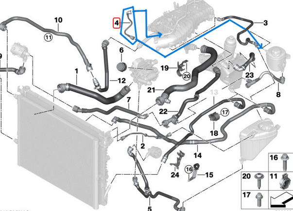 Radyatör Yedek Su Depo Hortumu BMW 5 Seri G30, G31, 6 Seri G32 GT, 7 Seri G11, G12, Motor: B46, B48, OEM 17128632260