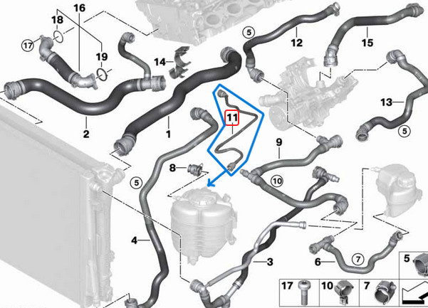 Radyatör Yedek Su Depo Hortumu BMW 2 Seri G42, 3 Seri G20, G21, G28, 4 Seri G22, G23, G26, Motor: B46, B48, OEM 17128654824