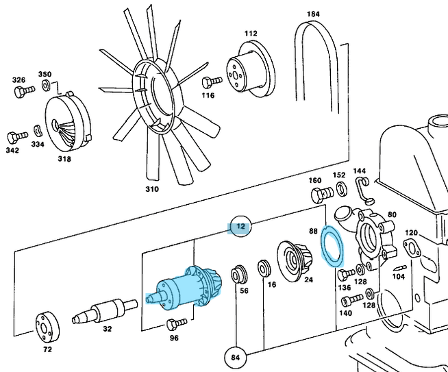 Devirdaim Su Pompası Uzun Mil W123, W126, 250, 280SE-SEL Motor: M110 OEM A1102001120, A1102001920, A1102000420, 1102001120, 1102001920, 1102000420