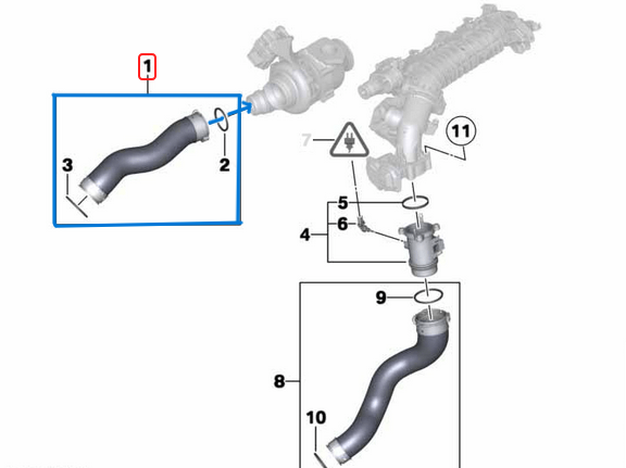 İntercooler Hortumu / İnterkol Hortmu / Turbo Hortumu Sağ BMW 1 Seri F20, F21, 2 Seri F22, 3 Seri F30, F31, F34, 4 Seri F32, F33, F36, X3 Seri F25, Motor: N47N, OEM 11617810616, 11618583389