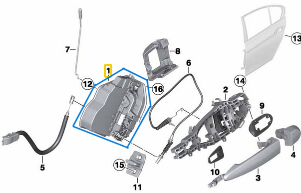Kapı Kilidi Arka Sağ BMW 1 Seri E87, F20, 3 Seri E90, E91, F30, F31, F34, F80, 5 Seri E60, F10, F11, 7 Seri F01, F02, F04, X1 Seri E84, X3 Seri E83, X5 Seri E70, X6 Seri E71,  OEM 51227229460, 51217229468, 51227276674