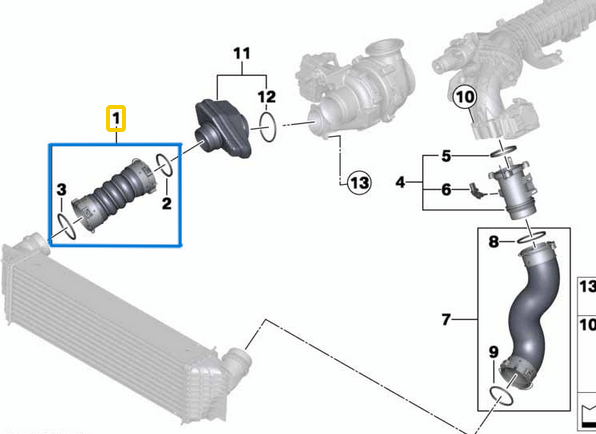 Intercooler Hortumu Sağ / İnterkol Hortumu BMW X5 Seri F15, X6 Seri F16, Motor: N57N, OEM 11617823236