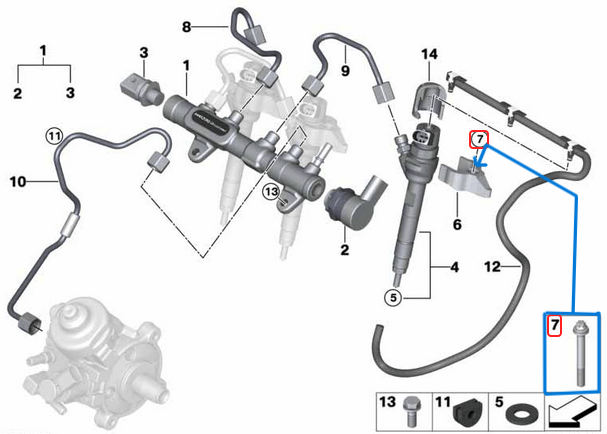 Enjektör Bağlantı Civatası / Enjektör Tutucu Civatası BMW - MINI Motor: B37, B37B, B47, B47B, B47D, N47, N47N, N47S, N57 OEM 13537805256