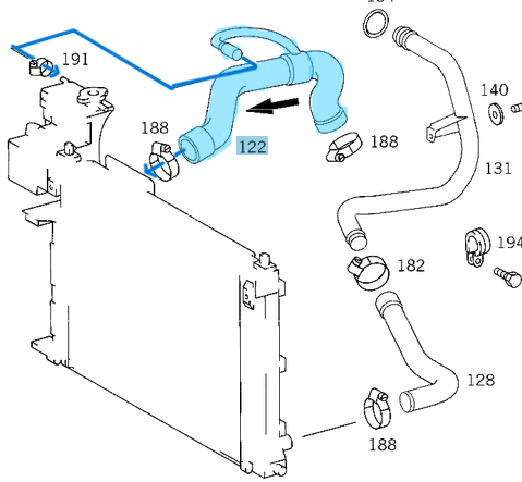 Radyatör Hortumu Üst Sağ Vito W638 Motor: OM601 OEM A6385010782