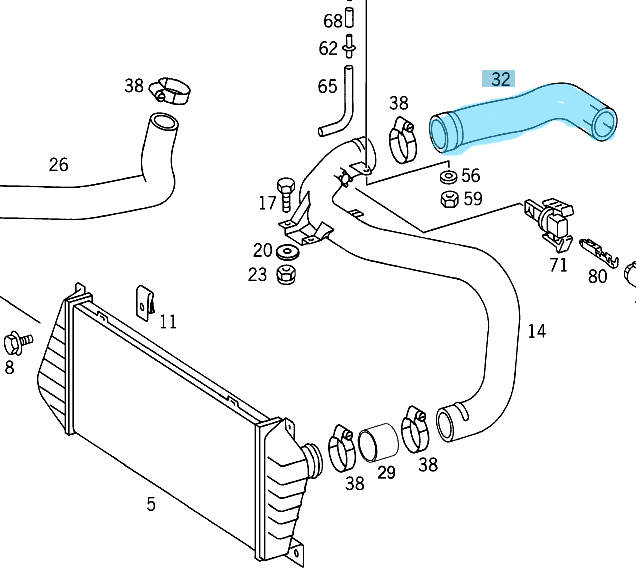 İntercooler Hortumu / Turbo Hortumu Sol Emme  Sprinter W901, W902, W903, W904 Motor: OM602, OEM A9015282282