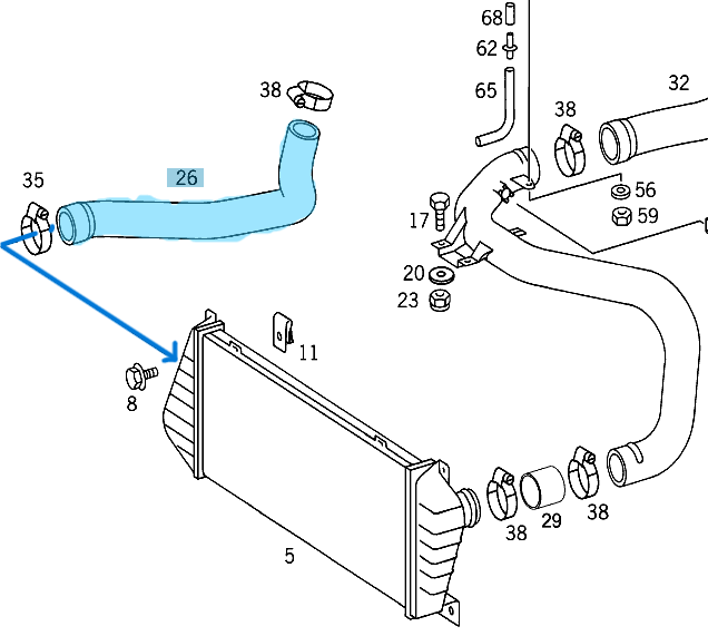 İntercooler Hortumu / Turbo Hortumu Sağ Emme  Sprinter W901, W902, W903, W904 Motor: OM602, OEM A9015281882
