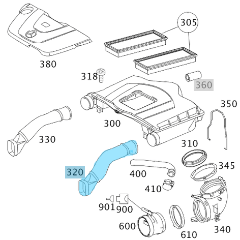 Hava Filtre Emiş Borusu / Hava Filtre Giriş Borusu Sol S Seri W221, Motor: M272, OEM A2720900982, A2720903382, 2720900982, 2720903382