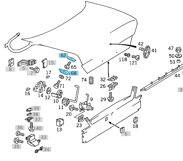Bagaj Kenar Ayar Takozu Alt Üst Takım (2 Adet) W124 OEM  A1247580044, A1247580144
