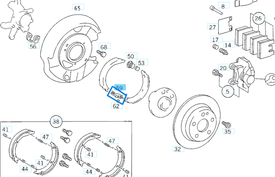 El Fren Mekanizması Çiftli Yaysız Takım E Seri W124, W211, W212, C Seri W201, W203, W204, Vito W447, W638, W639, Sprinter W906, W907 OEM A2014200589
