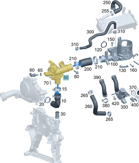 Termostat Komple Gövdeli Müşürlü 82'C Tek Müşürlü. M Seri W166, C Seri W204,  Motor: OM651 OEM A6512003200, A6512001600, A6512001815