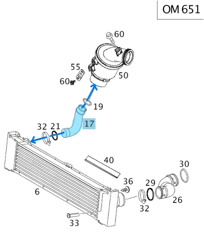 Intercooler Hortumu Sağ / İnterkol Hortumu / Turbo Hortumu Sağ Vito W639 Motor: OM651 OEM A6395283782, A6395282882