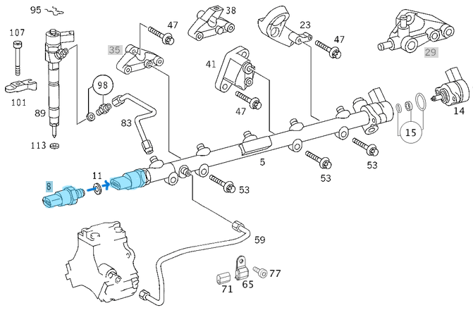Yakıt Basınç Sensörü / Yakıt Dağıtıcı Müşürü / Mazot Akış Sensörü / Basınç Valfi C Seri W202, W203, E Seri W210, W211, Vito W638, Sprinter W901, W902, W903, W904 Motor: OM611, OM612, OM613, OM668, OEM A0041537528, 0041531528, 0281002498, F00R004269