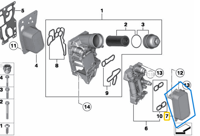 Motor Yağ Soğutma Radyatörü BMW 3 Seri F30. F31, F34, 4 Seri F32, F33, F36, 5 Seri F07, F10, F11, 6 Seri F06, F12, F13, 7 Seri F01, F02, X3 F25, X4 F26, X5 E70, F15, X6 E71, F16, N57, N57N Motor OEM 11428510856